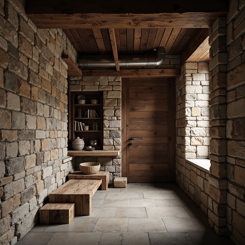 Prompt: Rustic stone walls, earthy tones, natural rock formations, weathered wooden planks, distressed metal accents, vintage brick facades, worn concrete floors, exposed ductwork, reclaimed wood beams, industrial chic atmosphere, moody lighting, dramatic shadows, shallow depth of field, 1/1 composition, realistic textures, ambient occlusion.