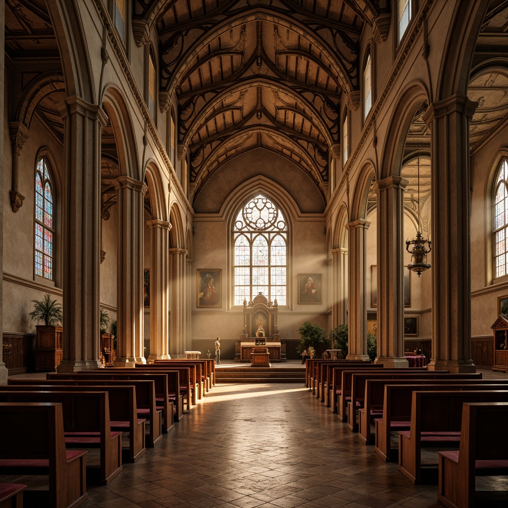 Prompt: Solemn religious interior, vaulted ceilings, grandiose arches, intricate stone carvings, stained glass windows, warm golden lighting, ornate pulpits, devotional altars, pews with plush upholstery, sacred artifacts, frescoed walls, herringbone wooden floors, atmospheric misting, shallow depth of field, 1/1 composition, symmetrical framing, realistic textures, ambient occlusion.