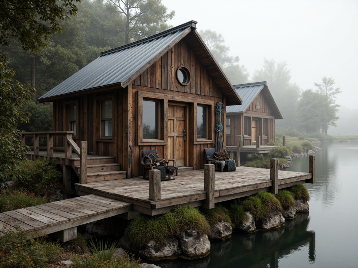 Prompt: Rustic boathouse, wooden dock, weathered wood planks, nautical ropes, porthole windows, corrugated metal roofing, natural stone foundation, driftwood accents, vintage fishing nets, distressed finishes, earthy color palette, moss-covered stones, serene lake surroundings, misty morning atmosphere, soft warm lighting, shallow depth of field, 1/2 composition, realistic textures, ambient occlusion.