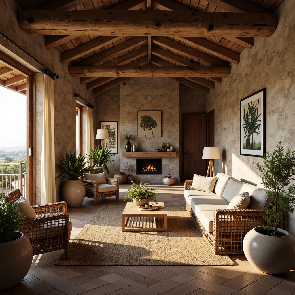 Prompt: Rustic wooden cabins, natural stone walls, earthy tones, organic textures, reclaimed wood accents, woven wicker furniture, jute rug flooring, linen drapes, earth-toned ceramics, botanical prints, soft warm lighting, shallow depth of field, 3/4 composition, panoramic view, realistic materials, ambient occlusion.