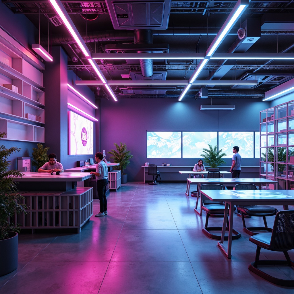 Prompt: Futuristic high school interior, sleek metal chairs, vibrant neon accents, holographic tables, levitating shelves, modular desks, ergonomic stools, interactive whiteboards, virtual reality headsets, minimalist decor, angular lines, bold color schemes, glowing LED lights, soft ambient illumination, shallow depth of field, 1/1 composition, wide-angle lens, realistic reflections, ambient occlusion.