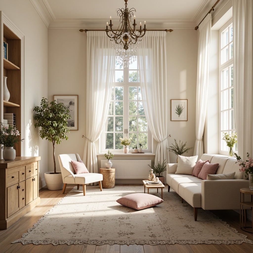 Prompt: Soft creamy whites, warm beige tones, pale blush pinks, muted sage greens, dusty lavender hues, gentle gold accents, distressed wood textures, vintage lace patterns, natural linen fabrics, plush area rugs, delicate floral motifs, subtle sparkle chandeliers, morning sunlight, soft focus photography, 1/1 composition, romantic ambient lighting.