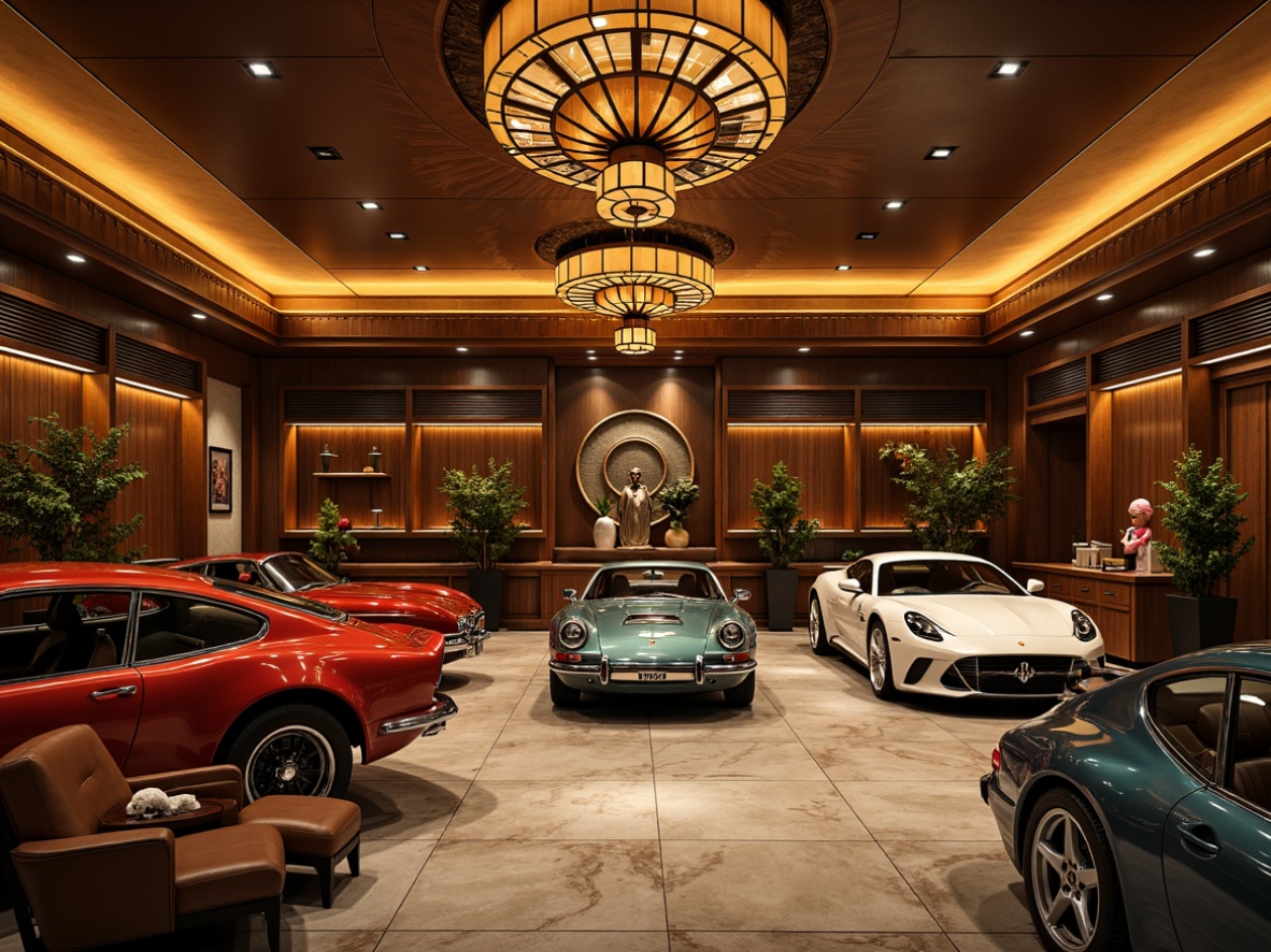 Prompt: Art Deco style family garage, luxurious vintage cars, metallic accents, rich wood tones, geometric patterns, ornate metalwork, sleek leather upholstery, bold color schemes, retro-futuristic decor, circular motifs, sunburst designs, chrome details, polished marble floors, warm ambient lighting, dramatic shadows, 1/1 composition, low-angle shot, cinematic atmosphere, highly detailed textures, subtle depth of field.