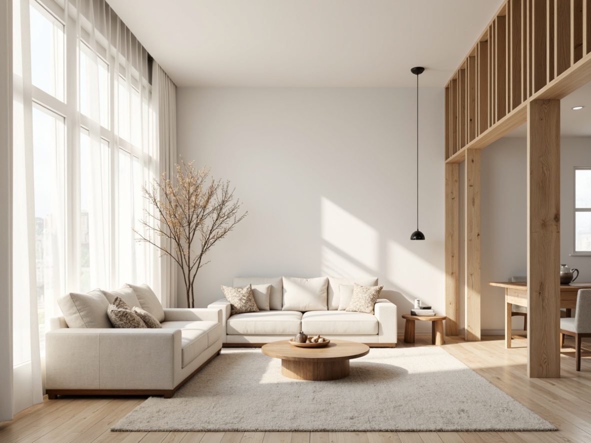 Prompt: Monochromatic interior design, calming atmosphere, soft pastel hues, creamy whites, warm beige tones, natural wood accents, luxurious textiles, plush furnishings, minimal ornamentation, simplistic shapes, abundant daylight, diffused lighting, 1/1 composition, intimate scale, cozy ambiance, inviting colors, soothing mood, relaxing environment.