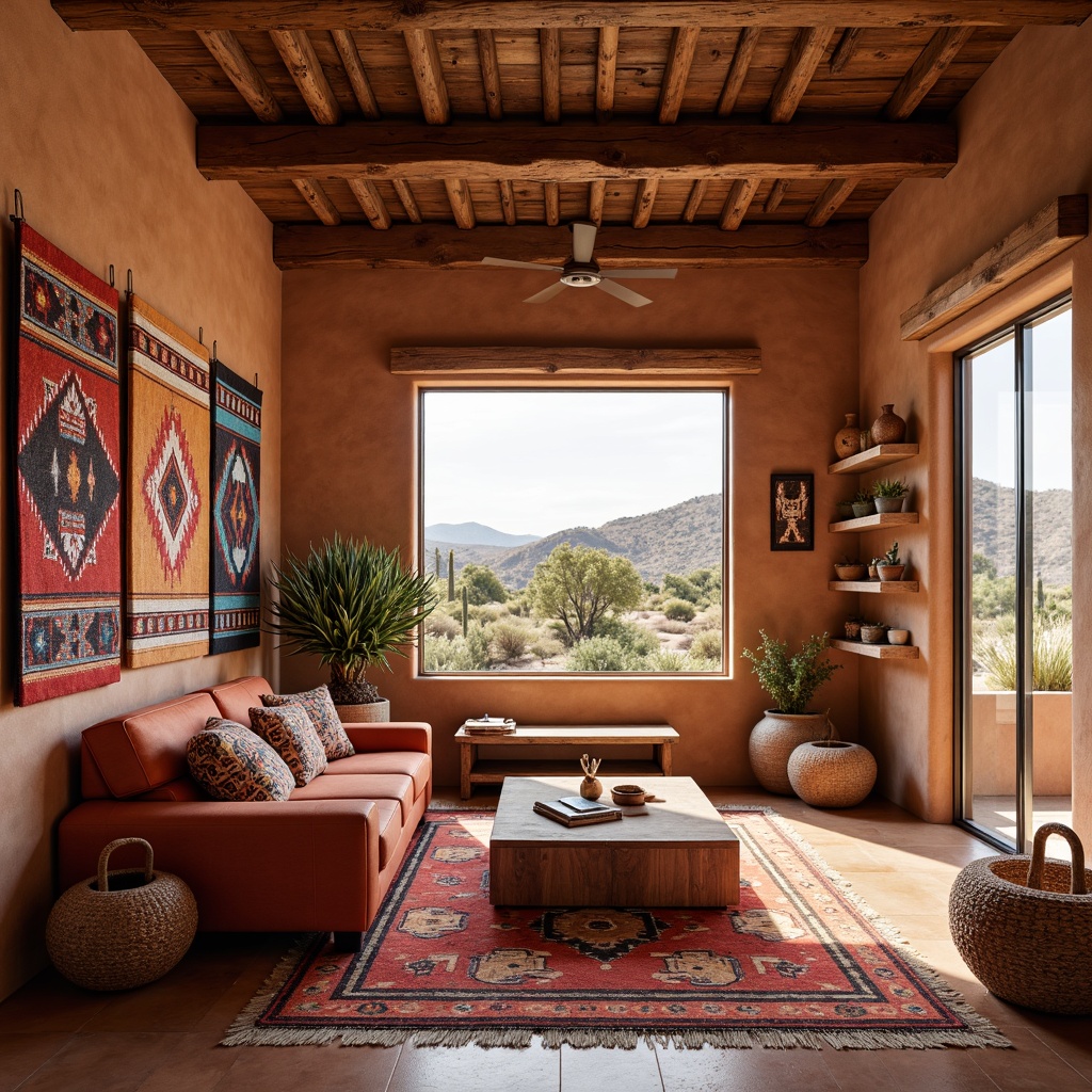 Prompt: Vibrant Southwestern craft room, richly patterned textiles, woven Navajo-inspired blankets, colorful Zapotec rugs, plush pillows with geometric motifs, earthenware pottery vases, rustic wooden shelves, natural fiber wall hangings, warm terracotta flooring, earthy color palette, soft warm lighting, cozy reading nook, floor-to-ceiling windows, panoramic desert views, authentic Native American artifacts, traditional Pueblo-style architecture, adobe-inspired walls, ambient occlusion.