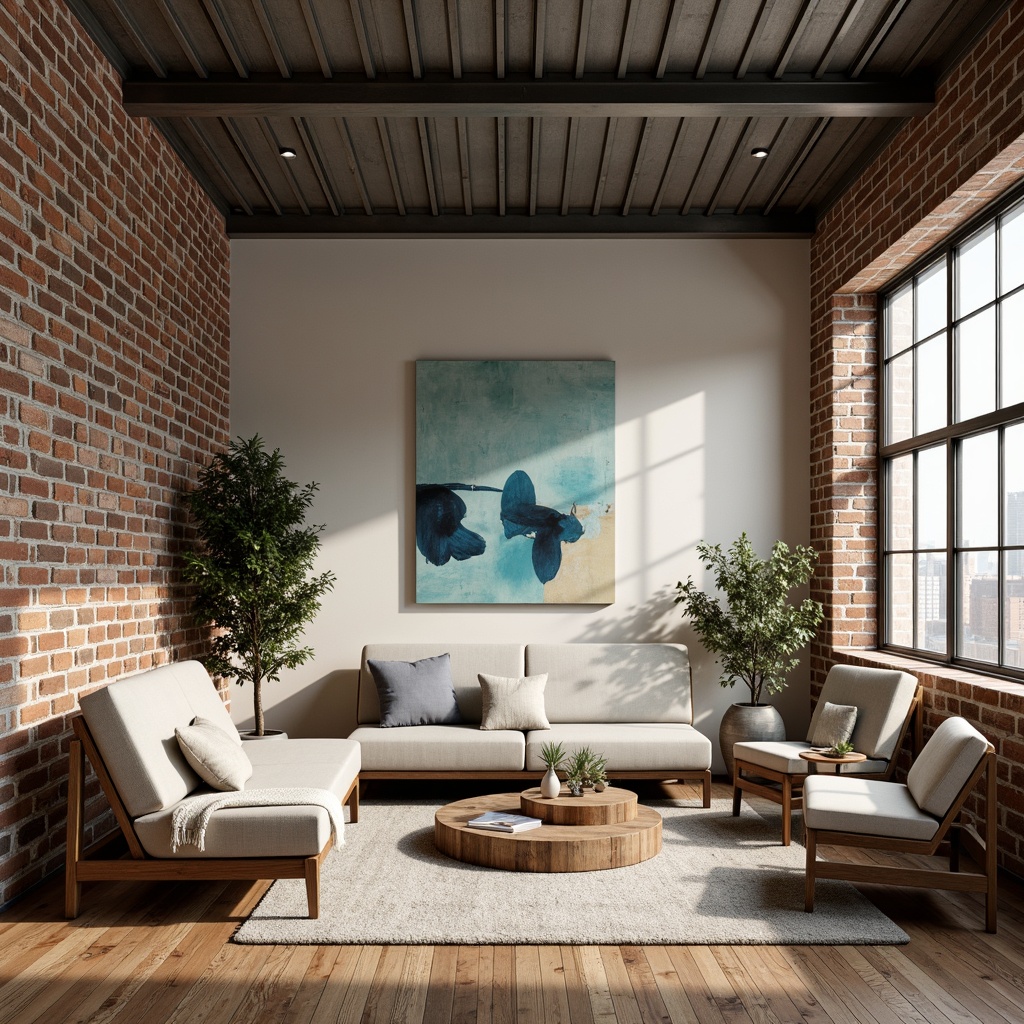 Prompt: Exposed brick walls, industrial metal beams, reclaimed wooden floors, modern minimalist furniture, neutral color palette, creamy whites, warm grays, rich wood tones, bold accent colors, vibrant turquoise, deep blues, earthy browns, eclectic artwork, abstract patterns, geometric textiles, natural linen fabrics, cozy throw blankets, rustic wooden accents, soft warm lighting, 1/1 composition, realistic textures, ambient occlusion.