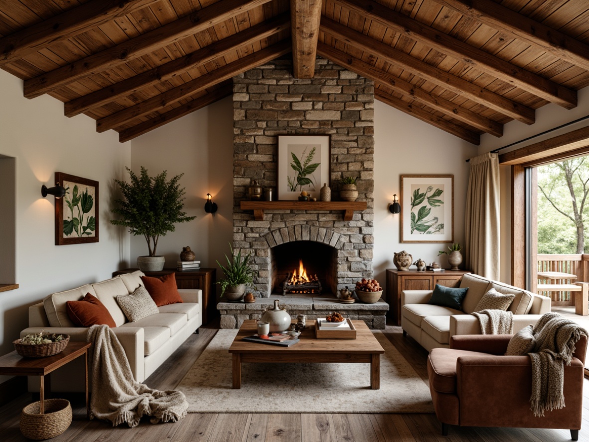 Prompt: Rustic cabin, wooden beams, stone fireplace, plush sofas, velvet armchairs, natural fabrics, earthy tones, warm lighting, candles, wooden coffee tables, vintage decor, distressed wood, metal accents, woven baskets, potted plants, botanical prints, nature-inspired artwork, cozy throw blankets, soft rugs, warm color palette, inviting ambiance, rustic chic style.