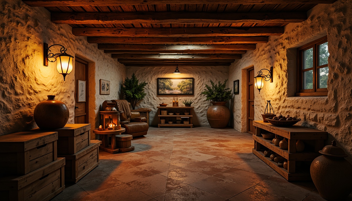 Prompt: Rustic French country storage room, warm wooden crates, vintage metal lanterns, soft candlelight, distressed stone walls, earthy terracotta floors, ornate wooden beams, cozy nooks, ambient warm lighting, subtle shadows, 1/2 composition, warm color palette, realistic textures, soft focus effect.