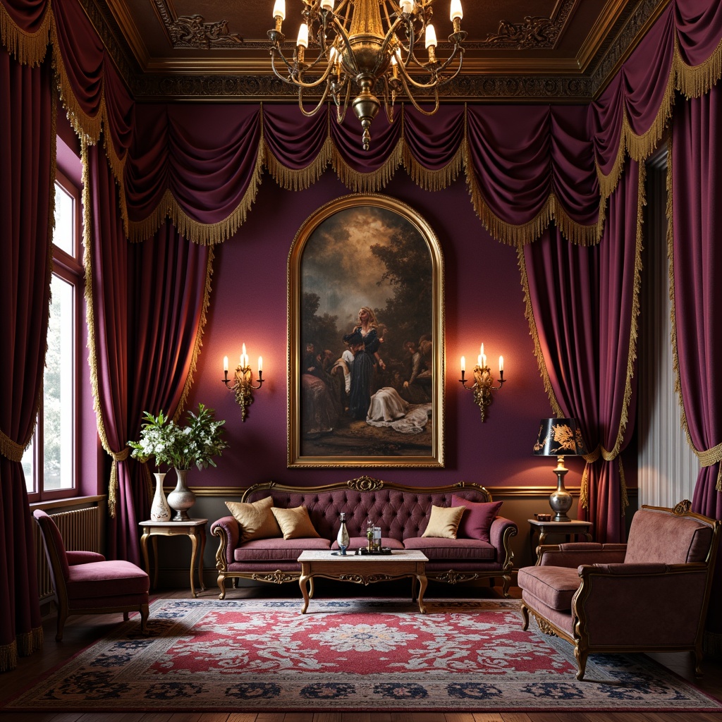 Prompt: Richly ornate fabrics, velvety smooth textures, golden embroidery, intricate patterns, luxurious drapery, heavy silk curtains, ornamental tassels, jewel-toned colors, regal purple hues, opulent crimson reds, lavish gold accents, distressed leather upholstery, carved wooden furniture, grandiose chandeliers, dramatic lighting effects, warm candlelight ambiance, 1/1 composition, shallow depth of field, realistic fabric simulations.