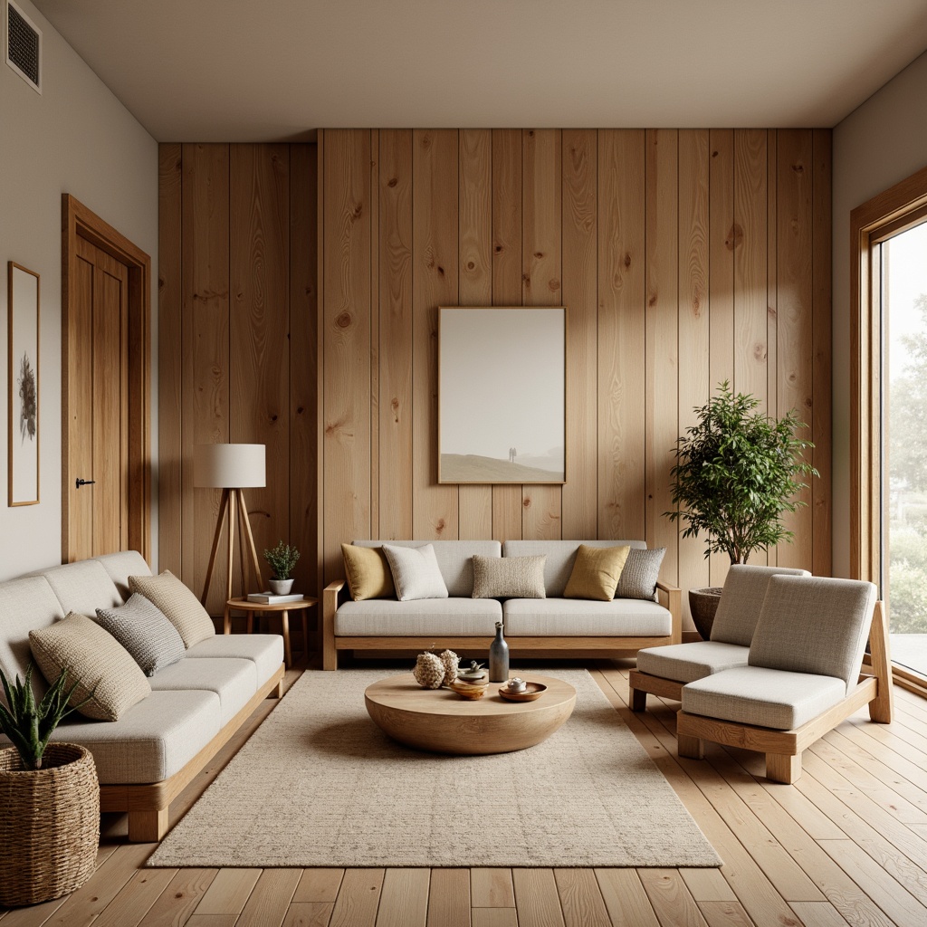 Prompt: Cozy living room, wooden accents, natural textures, light oak flooring, rustic wood paneling, minimalist decor, soft warm lighting, Nordic-inspired furniture, comfortable sofas, woven textiles, earthy color palette, organic shapes, subtle patterns, serene atmosphere, shallow depth of field, 1/1 composition, realistic renderings, ambient occlusion.