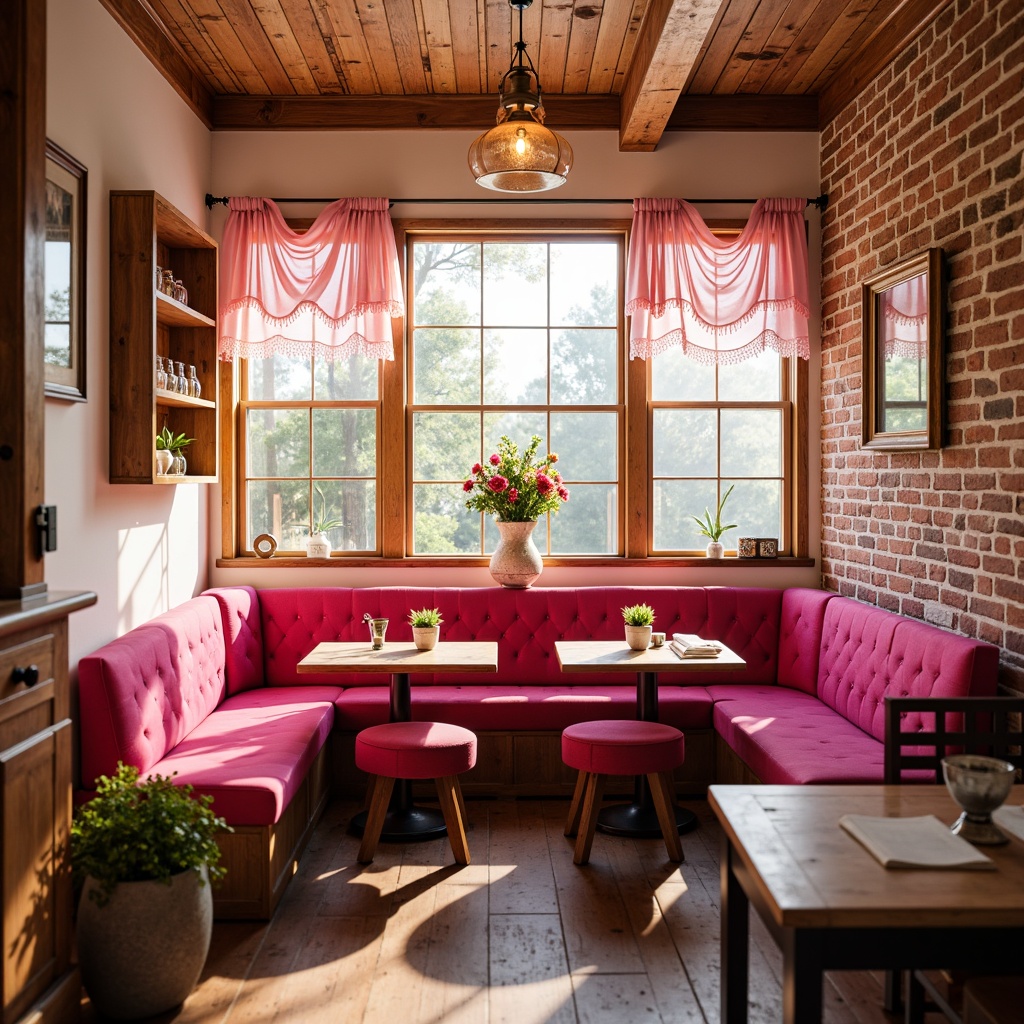 Prompt: Vibrant fuchsia breakfast nook, warm golden lighting, rich wood accents, creamy white countertops, soft pink florals, delicate lace curtains, whimsical polka dot patterns, rustic wooden tables, plush velvet stools, metallic copper hardware, distressed brick walls, cozy intimate atmosphere, shallow depth of field, 1/1 composition, warm soft focus.