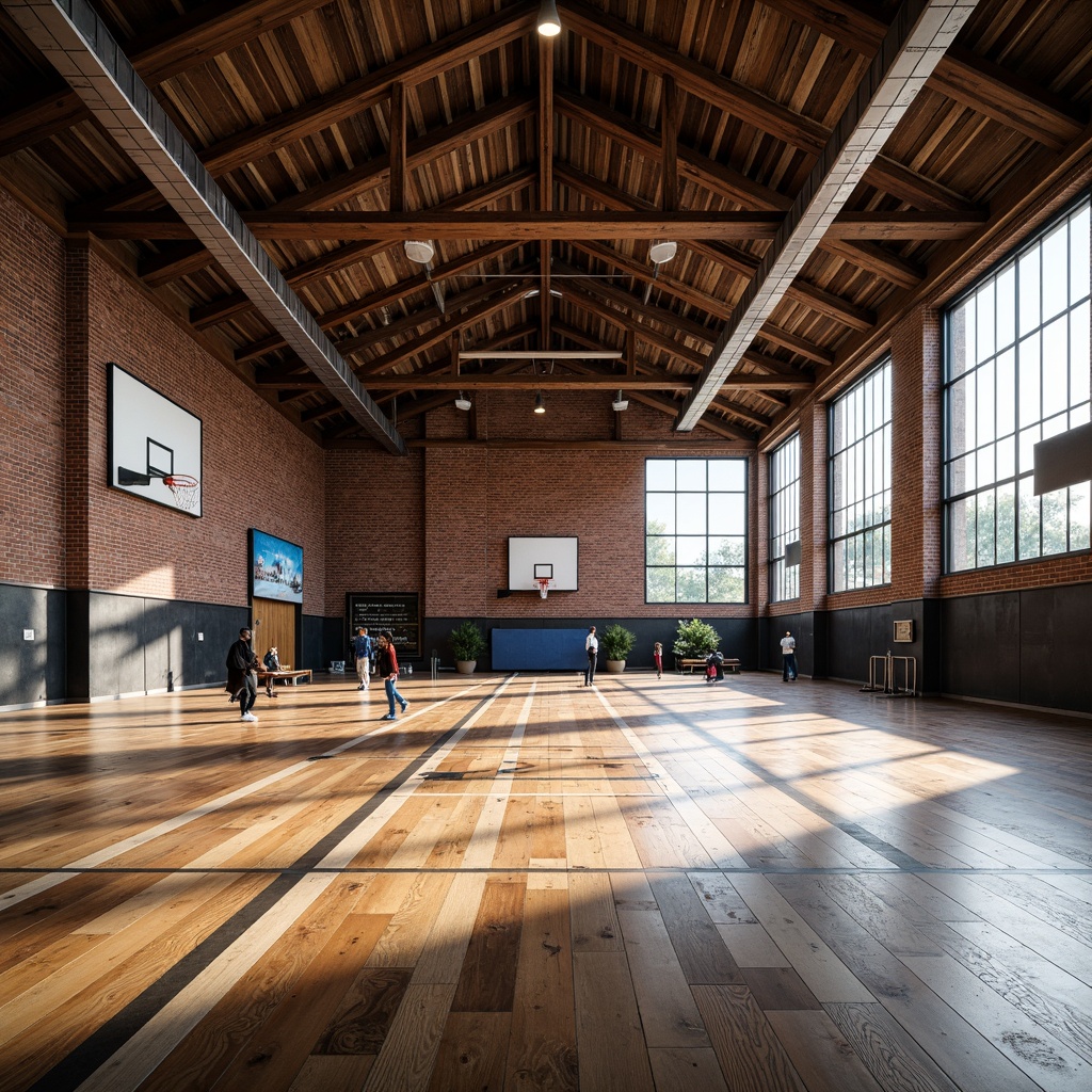 Prompt: Rustic industrial gymnasium, distressed wood flooring, polished concrete surfaces, metallic accents, exposed brick walls, high ceilings, large windows, natural light, open spaces, athletic equipment, basketball hoops, volleyball nets, weightlifting machines, rubberized floors, shock-absorbing mats, non-slip coatings, urban loft style, reclaimed wood beams, steel columns, industrial-style lighting, dramatic shadows, low-angle photography, wide-angle lenses, 2/3 composition, high-contrast imagery.