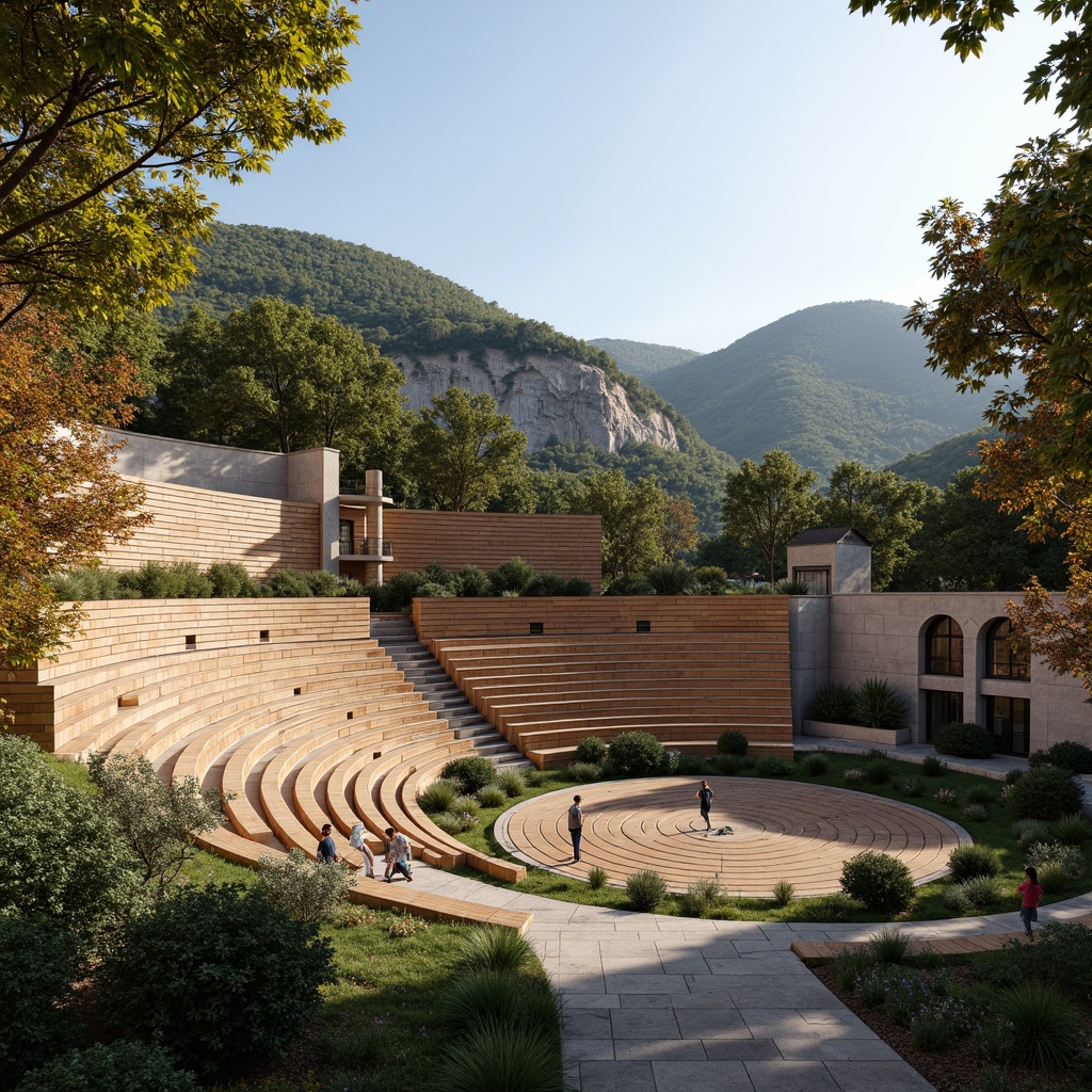 Prompt: Grand amphitheater, tiered seating, curved architecture, natural stone walls, wooden benches, lush greenery, surrounding hills, sunny day, soft warm lighting, shallow depth of field, 3/4 composition, panoramic view, realistic textures, ambient occlusion, optimal sound reflection, acoustic panels, suspended speakers, precise sound diffusion, echo reduction systems, resonant frequency control, immersive audio experience, live concert atmosphere.