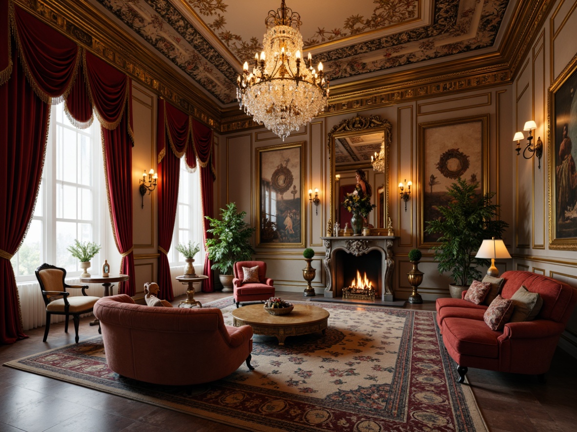 Prompt: Opulent living room, intricate carvings, gilded moldings, ornate furnishings, velvet drapes, crystal chandeliers, marble floors, grandiose fireplaces, rich tapestries, lavish upholstery, golden accents, dramatic lighting, warm candlelight, 1/1 composition, shallow depth of field, realistic textures, ambient occlusion.