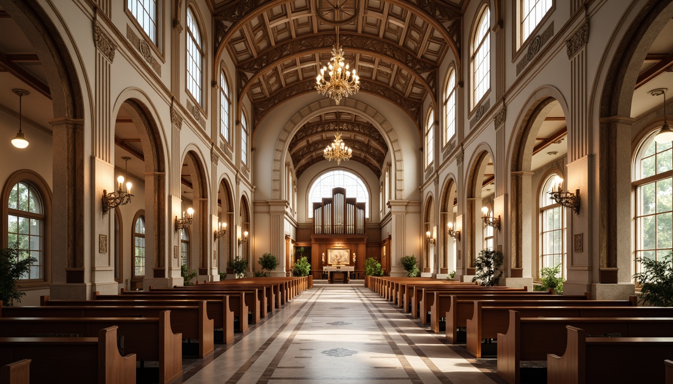 Prompt: Elegant worship space, ornate chandeliers, stained glass windows, vaulted ceilings, marble floors, intricate carvings, serene ambiance, soft warm lighting, subtle color palette, minimalist decor, circular pews, grand altarpieces, majestic organ pipes, devotional statues, gentle natural light, 1/1 composition, shallow depth of field, realistic textures, ambient occlusion.