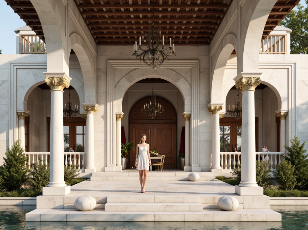 Prompt: Elegant pavilion, classicist architecture, white marble columns, ornate details, symmetrical facade, grand entrance, sweeping arches, rusticated base, limestone walls, bronze accents, wooden doors, intricate moldings, velvet drapes, crystal chandeliers, natural stone flooring, subtle lighting, soft warm glow, 1/1 composition, shallow depth of field, realistic textures, ambient occlusion.