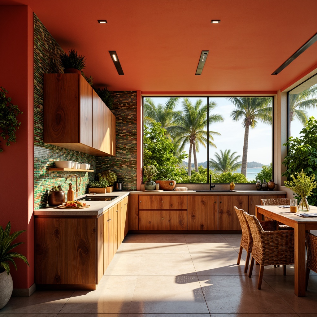 Prompt: Vibrant tropical kitchen, bright coral walls, exotic wood cabinetry, polished chrome fixtures, colorful glass tiles, mosaic backsplash, natural stone countertops, woven rattan furniture, lush greenery, palm tree silhouettes, sunny island vibe, warm golden lighting, shallow depth of field, 1/1 composition, realistic textures, ambient occlusion.