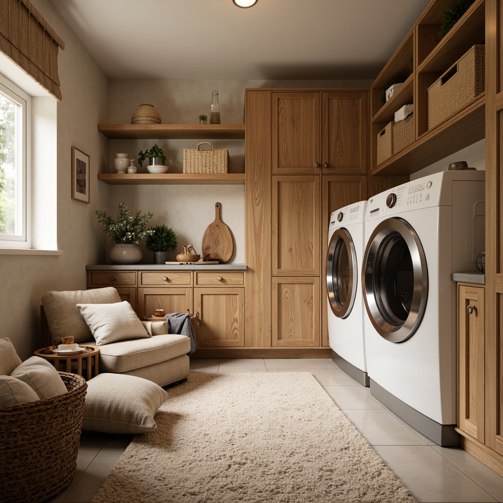 Prompt: Cozy laundry room, warm beige walls, rustic wooden cabinets, soft plush carpets, calming natural light, gentle warm air circulation, comfortable seating areas, woven wicker baskets, natural fiber textiles, earthy tone color palette, minimal ornamentation, functional metal shelves, durable ceramic tiles, warm LED lighting, subtle scent of fresh laundry, 1/1 composition, shallow depth of field, realistic textures.