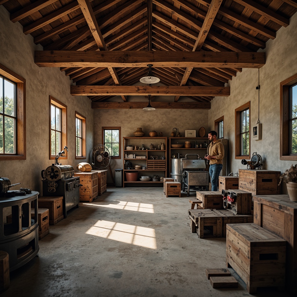 Prompt: Rustic workshop interior, exposed wooden beams, distressed wood textures, industrial metal machinery, vintage toolboxes, worn concrete floors, reclaimed wooden crates, earthy color palette, warm soft lighting, shallow depth of field, 1/1 composition, realistic roughness, ambient occlusion.