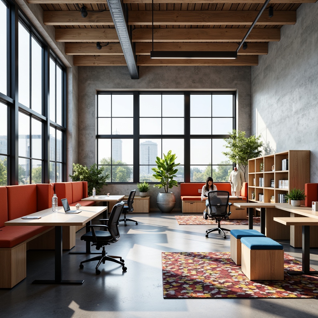 Prompt: Modern office interior, sleek minimalist desks, ergonomic chairs, adjustable shelving units, collaborative workspaces, acoustic panels, natural wood accents, industrial-chic metal frames, vibrant colorful upholstery, geometric patterned rugs, floor-to-ceiling windows, abundant natural light, 1/1 composition, softbox lighting, realistic textures, ambient occlusion.