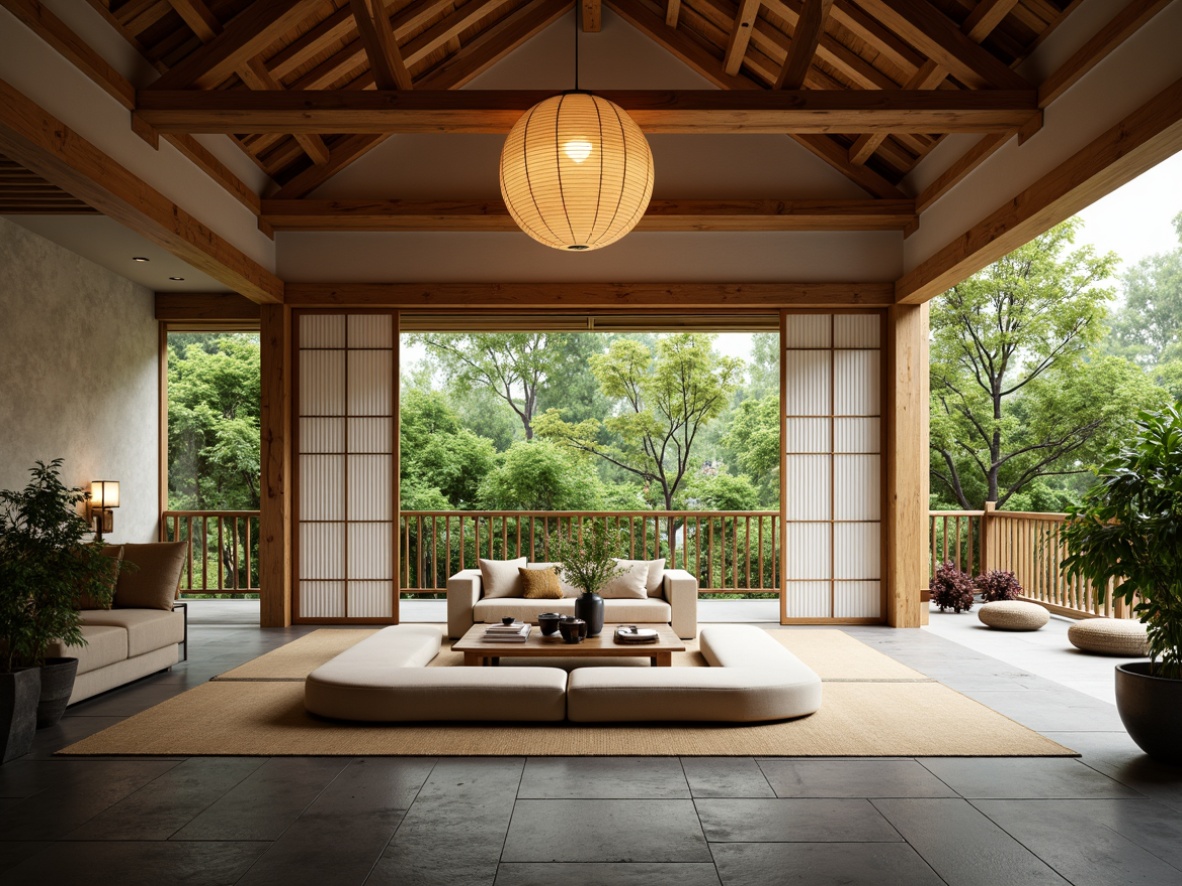 Prompt: Minimalist Asian-inspired great room, natural wood accents, paper lanterns, shoji screens, tatami mats, low-seating furniture, sliding glass doors, lush greenery, bamboo plants, stone flooring, soft warm lighting, shallow depth of field, 1/1 composition, panoramic view, realistic textures, ambient occlusion, serene atmosphere, traditional Japanese decor, subtle natural colors, elegant simplicity.