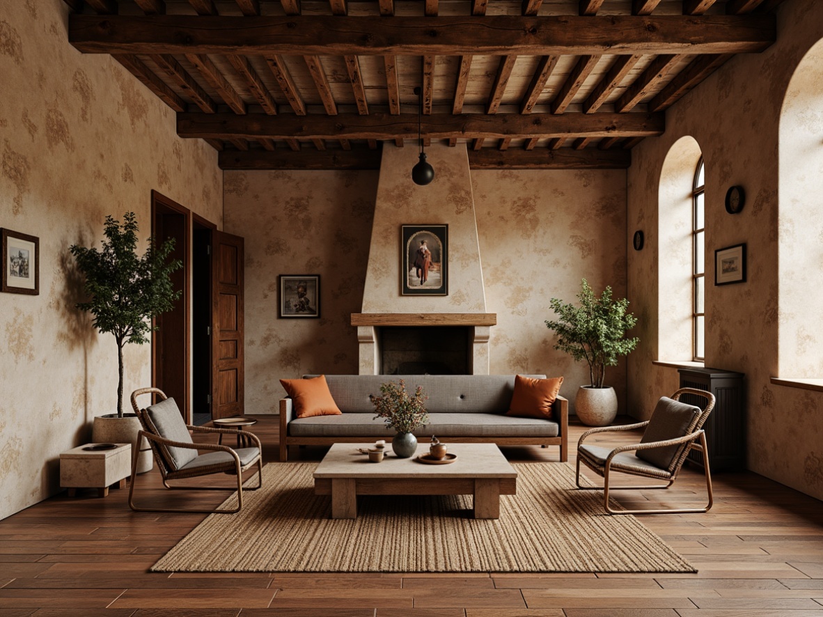 Prompt: Rustic wooden planks, weathered stone walls, earthy terracotta tiles, woven wicker furniture, natural fiber rugs, distressed leather upholstery, vintage metal accents, reclaimed wood beams, organic shapes, warm earth tones, soft diffused lighting, subtle shading, 1/1 composition, intimate atmosphere, realistic render.