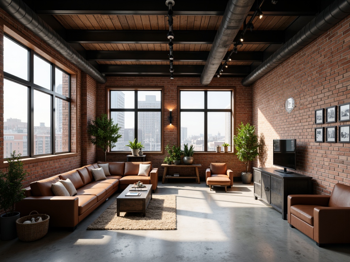 Prompt: Exposed brick walls, industrial chic decor, reclaimed wood accents, metal beam ceilings, urban loft atmosphere, functional track lighting, Edison bulb fixtures, matte black finishes, distressed leather furniture, vintage factory carts, concrete floors, minimalist color palette, high ceiling windows, cityscape views, natural textiles, eclectic decorative accessories, mixed metal materials, modern industrial fusion style, dramatic shadowing, low-key ambient lighting, 2/3 composition, symmetrical framing.