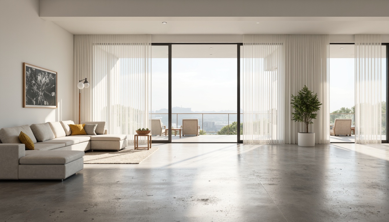 Prompt: Minimalist interior, white walls, polished concrete floors, floor-to-ceiling windows, sliding glass doors, transparent curtains, reflective surfaces, industrial chic decor, modern furniture, sleek lines, minimal ornamentation, abundant natural light, warm sunny day, soft gentle illumination, shallow depth of field, 1/1 composition, realistic textures, ambient occlusion.