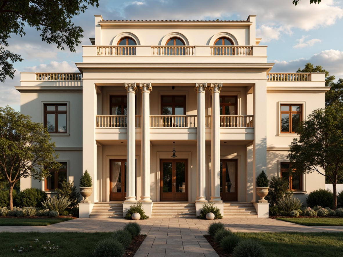 Prompt: Elegant residential facade, neoclassical columns, ornate capitals, fluted shafts, rusticated bases, cream-colored stucco walls, symmetrical composition, balanced proportions, grand entranceways, decorative pediments, intricate moldings, refined architraves, sophisticated pilasters, luxurious balcony railings, lavish ornamentation, warm golden lighting, soft focus effect, shallow depth of field, 2/3 composition, atmospheric perspective.