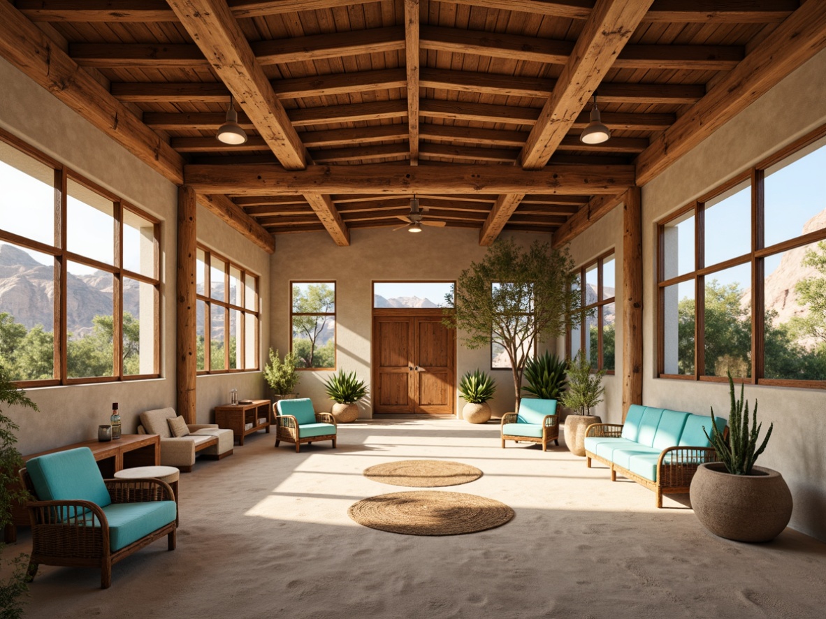 Prompt: Earthy southwestern gymnasium, reclaimed wood accents, natural stone walls, exposed wooden beams, earthy color palette, rustic metal fixtures, woven wicker furniture, vibrant turquoise hues, desert-inspired landscape, cacti plants, warm sandy tones, large windows, abundant natural light, soft warm lighting, 1/1 composition, realistic textures, ambient occlusion.