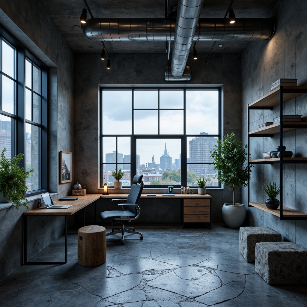 Prompt: Industrial concrete walls, exposed ductwork, brutalist architectural style, minimalist desk, ergonomic chair, metal shelving units, raw wood accents, monochromatic color scheme, dark grey tones, industrial-style lighting fixtures, steel blue hues, urban loft atmosphere, natural textures, rough-hewn stone floors, functional decor, geometric patterns, urban landscape views, overcast sky, dramatic shadows, high-contrast lighting, 1-point perspective, cinematic composition.