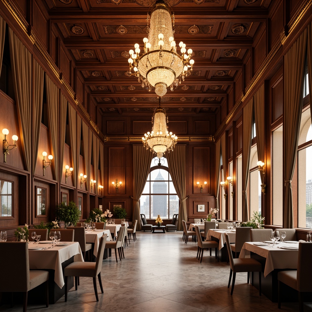 Prompt: Elegant dining hall, rich wood paneling, ornate chandeliers, luxurious textiles, velvet drapes, stately columns, high ceilings, polished marble floors, refined furniture, sophisticated lighting, subtle color palette, harmonious atmosphere, rectangular tables, comfortable seating, warm ambiance, soft focus, shallow depth of field, 1/2 composition, symmetrical framing, realistic materials, ambient occlusion.