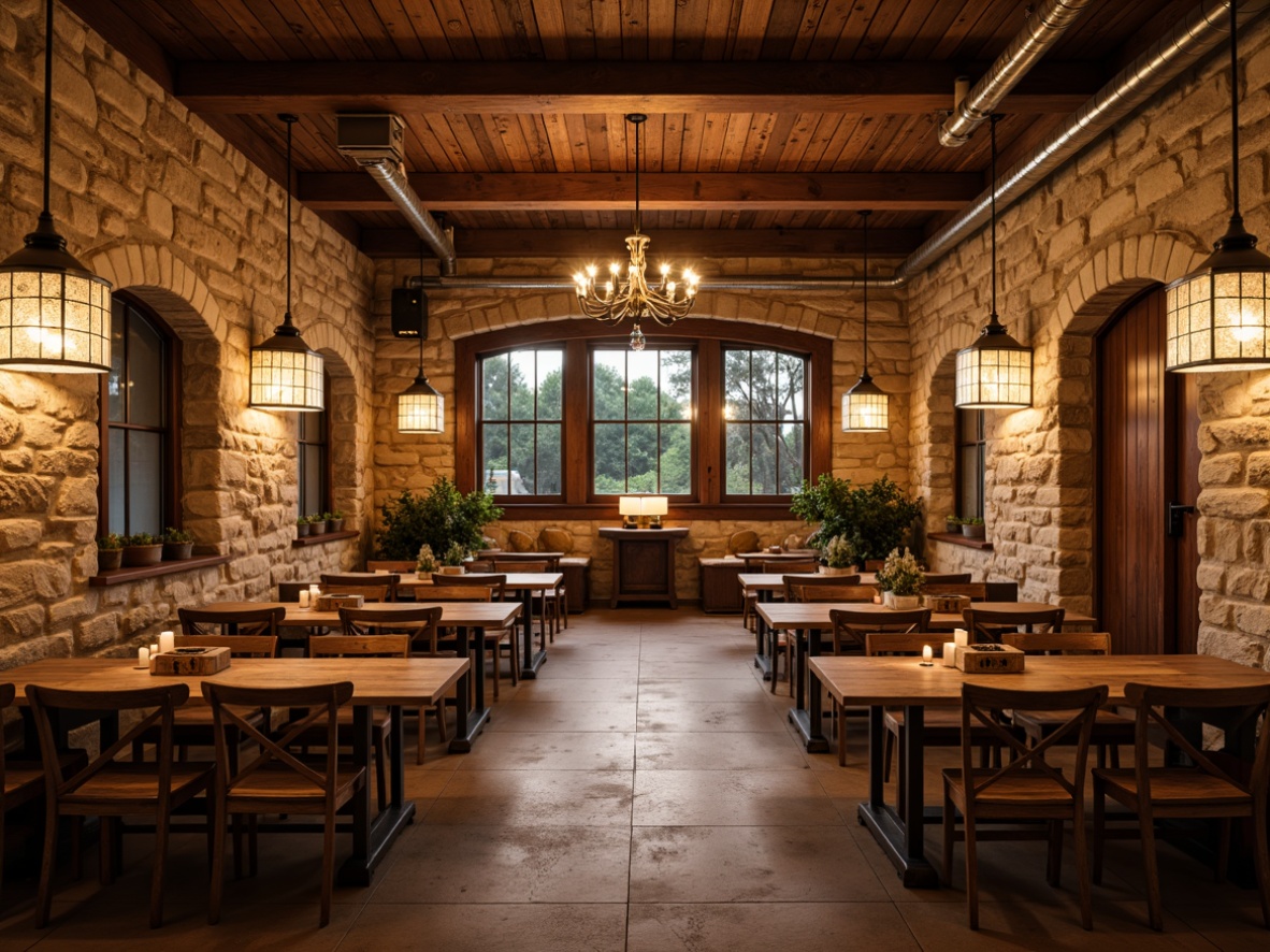 Prompt: Rustic winery interior, dimmed warm lighting, wooden barrel tables, vintage wine crates, earthy stone walls, arched windows, distressed wood accents, metal lanterns, pendant light fixtures, candle-like chandeliers, soft glowing ambiance, warm beige tones, natural textures, industrial-chic decor, exposed ductwork, reclaimed wood beams, cozy nooks, intimate seating areas, dramatic ceiling heights, suspended lighting installations, rustic metal shades, warm white illumination, soft focus, 1/2 composition, realistic reflections.