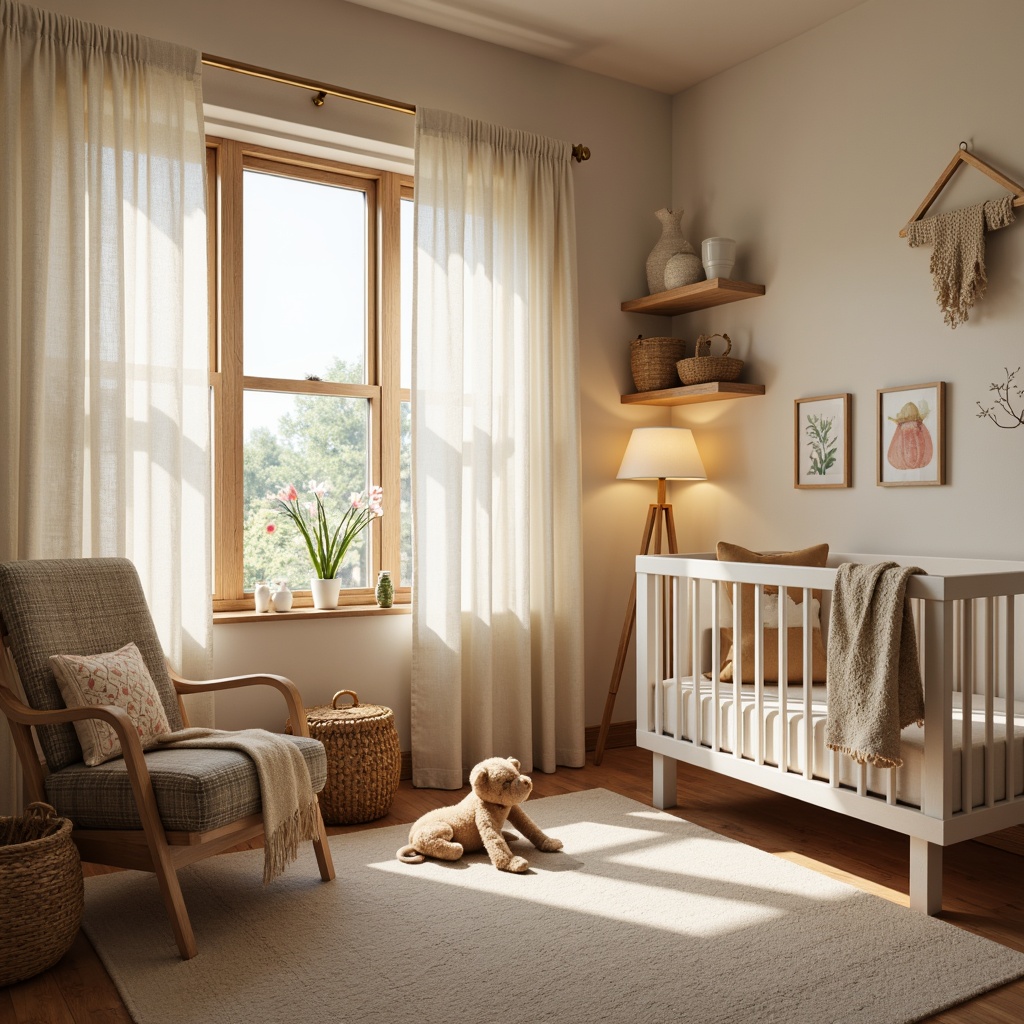 Prompt: Cozy baby room, warm wooden accents, soft cream colors, delicate lace curtains, plush toys, crib with gentle lighting, warm table lamps, creamy whites, beiges, pale blues, natural fabrics, woven baskets, rustic wood furniture, vintage decor, whimsical wall art, pastel colors, softbox lighting, 1/1 composition, intimate atmosphere, shallow depth of field, warm glow, gentle shadows.