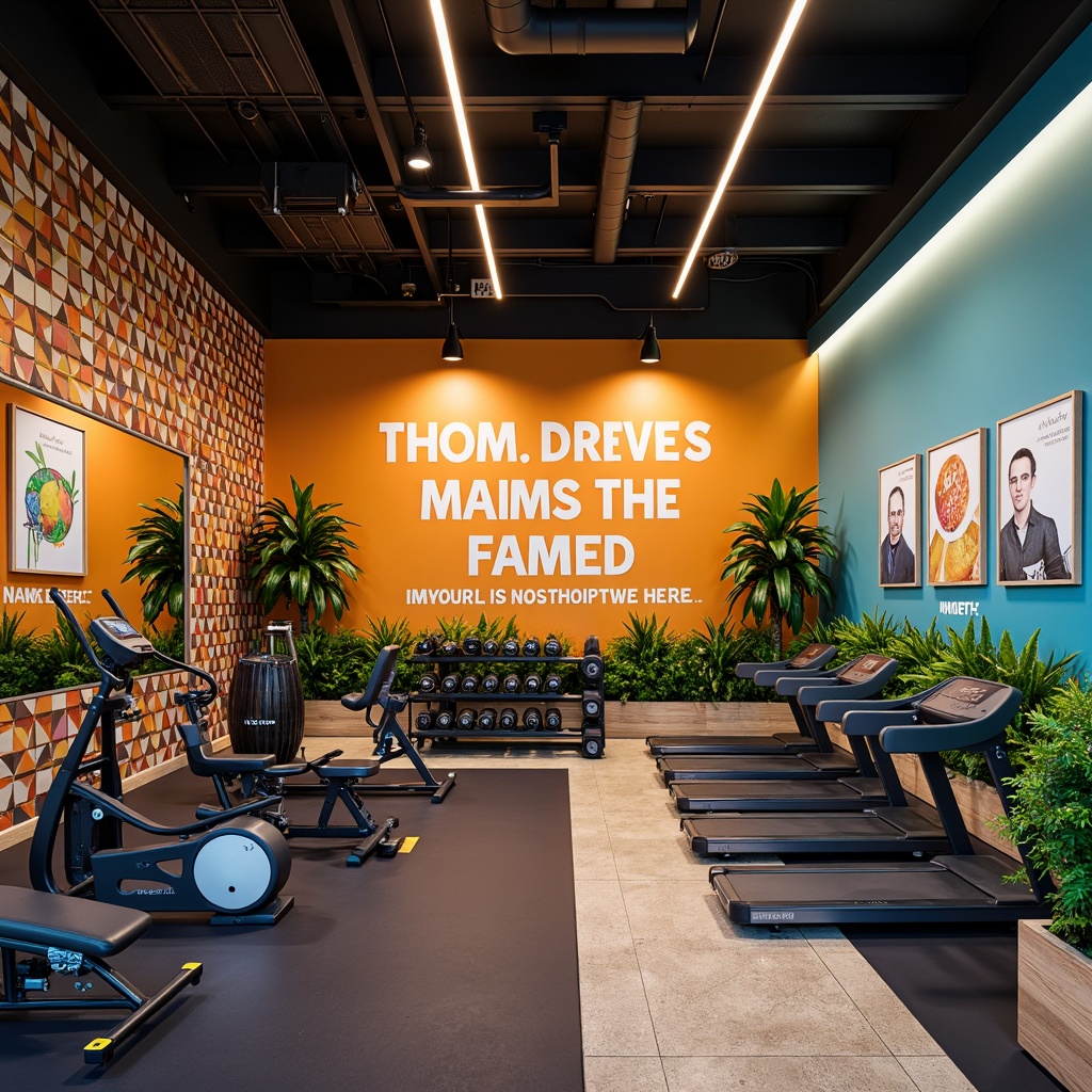 Prompt: Vibrant fitness studio, energetic color scheme, bold accent walls, motivational quotes, sleek equipment, rubber flooring, modern LED lighting, refreshing greenery, calming blue tones, warm wood accents, dynamic geometric patterns, abstract artwork, invigorating citrus hues, high-contrast visual elements, 3/4 composition, shallow depth of field, soft warm lighting, realistic textures.