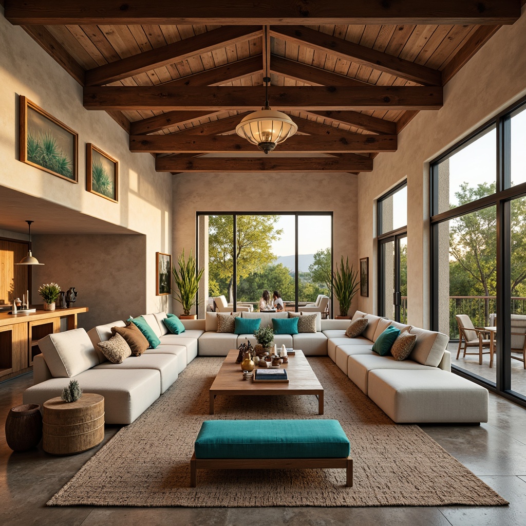 Prompt: Southwestern great room, open floor plan, high ceilings, wooden beams, large windows, sliding glass doors, natural stone flooring, earthy color palette, vibrant turquoise accents, plush sectional sofas, woven textiles, geometric patterned rugs, potted cacti, modern minimalist decor, warm ambient lighting, soft warm glow, shallow depth of field, 1/1 composition, panoramic view, realistic textures, ambient occlusion.