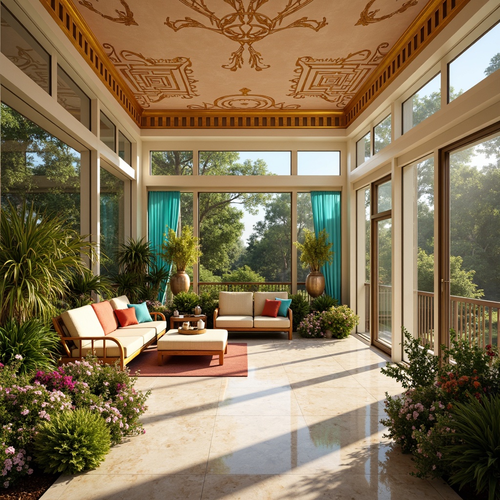 Prompt: Vibrant sunroom, Art Deco styles, warm golden hues, rich turquoise accents, creamy whites, soft peach tones, ornate geometric patterns, metallic bronze details, luxurious velvet fabrics, sleek marble surfaces, lush greenery, natural stone floors, floor-to-ceiling windows, sliding glass doors, abundant sunlight, soft warm lighting, shallow depth of field, 3/4 composition, panoramic view, realistic textures, ambient occlusion.