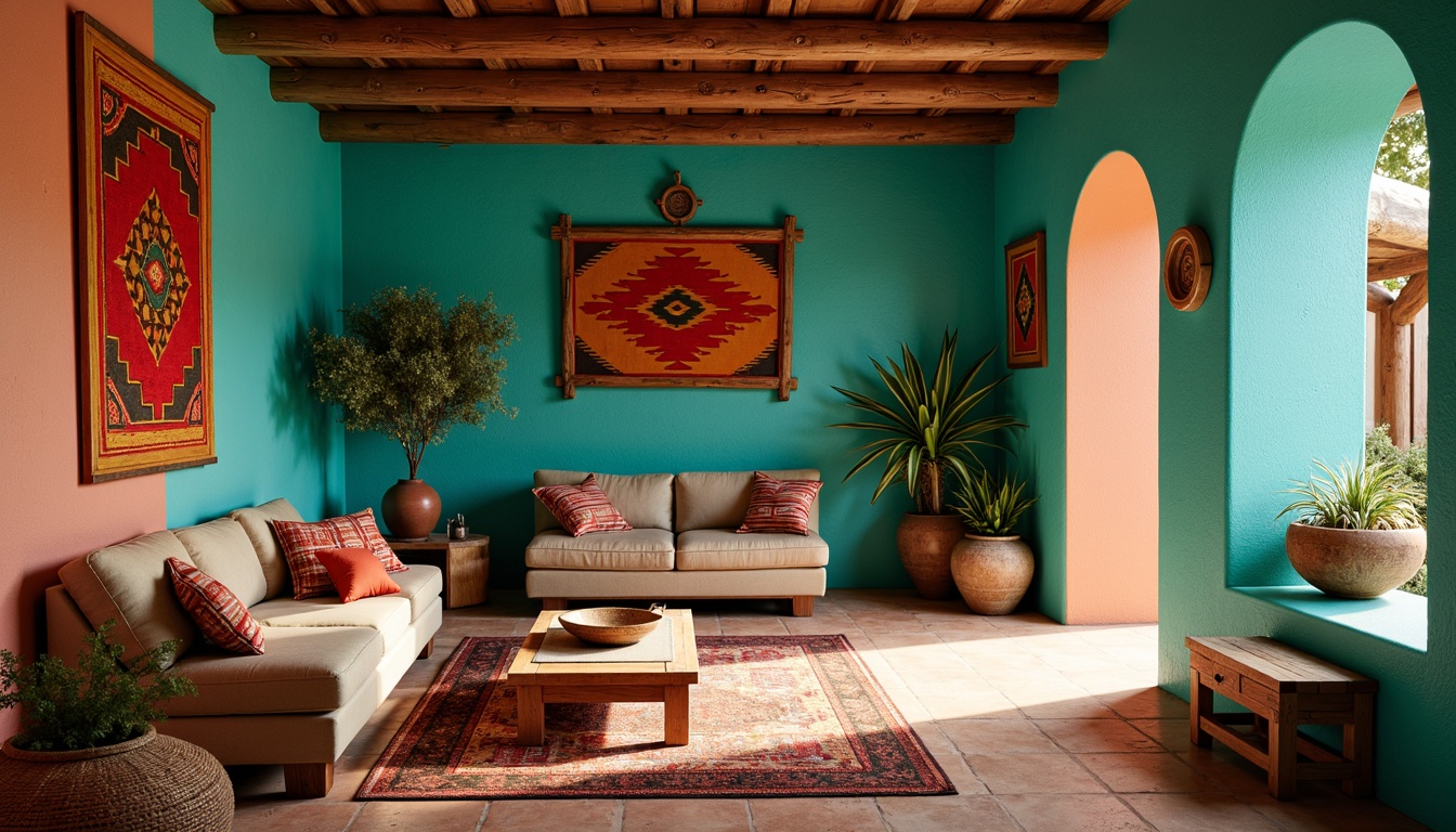 Prompt: Vibrant turquoise walls, earthy adobe floors, rustic wooden accents, woven tapestries, colorful Navajo-inspired patterns, warm beige furniture, clay pottery, natural fiber rugs, soft ambient lighting, cozy reading nooks, desert botanicals, cactus plants, vintage Southwestern decor, distressed wood textures, eclectic art pieces, rich cultural heritage, bold red and orange hues, earthy terracotta tones, serene atmospheric mood, 1/1 composition, shallow depth of field.