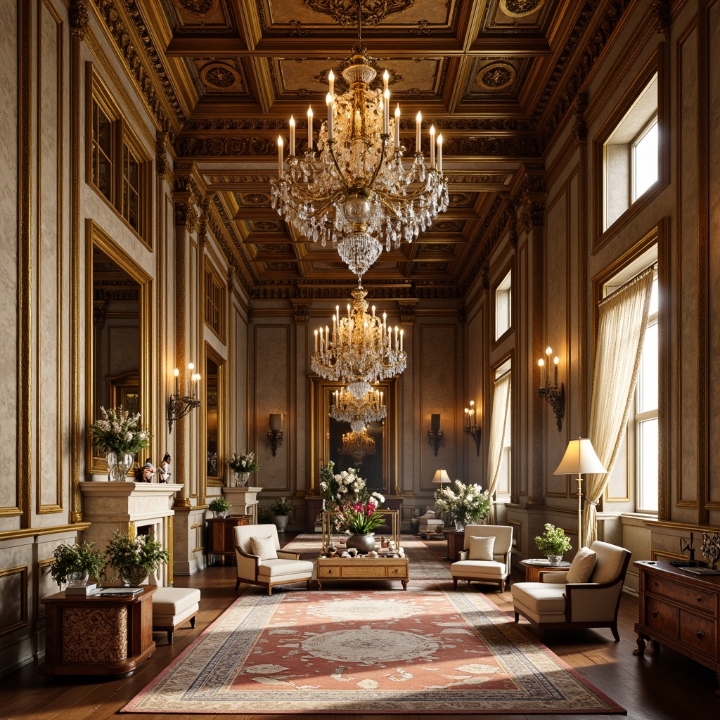 Prompt: Ornate palace, grandiose chandeliers, lavish furnishings, intricate carvings, gilded frames, marble columns, luxurious fabrics, beaded curtains, patterned rugs, crystal vases, exquisite sculptures, opulent color palette, warm golden lighting, shallow depth of field, 1/1 composition, realistic textures, ambient occlusion.