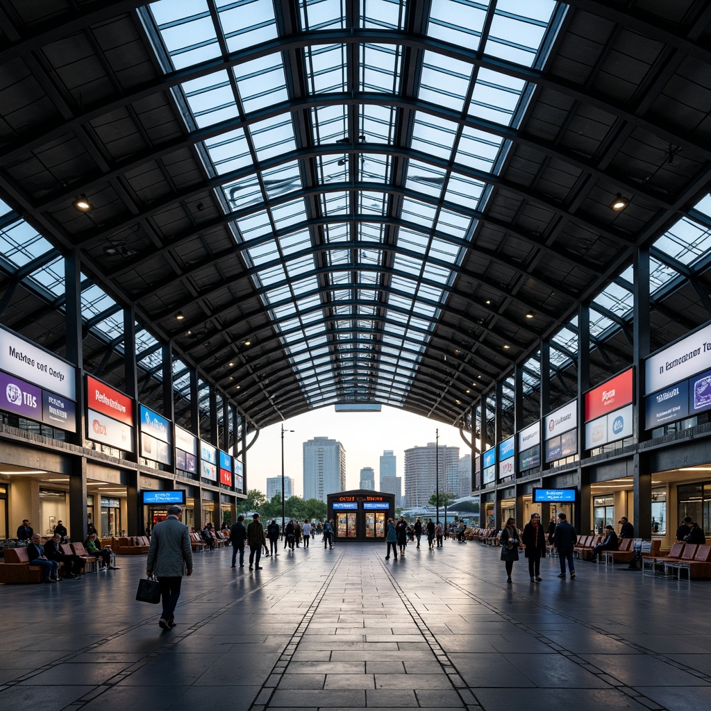 Prompt: Modern train station, sleek metal framework, glass roofs, LED displays, electronic departure boards, clear signage systems, bold font typography, bright color schemes, illuminated wayfinding, pedestrian flow management, comfortable waiting areas, wooden benches, urban landscape views, city skyscrapers, morning rush hour, soft natural lighting, shallow depth of field, 1/1 composition, realistic textures, ambient occlusion.