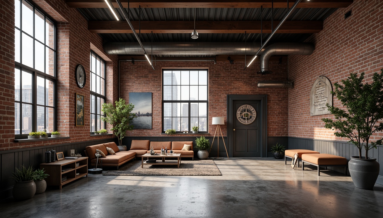 Prompt: Exposed brick walls, metal beams, reclaimed wood accents, urban cityscape, industrial chic aesthetic, distressed finishes, functional machinery, copper piping, concrete flooring, minimalist color palette, dramatic lighting, low-hanging lamps, modern furniture with industrial legs, geometric patterns, metallic textures, edgy architectural features, converted warehouse space, eclectic decorative elements, bold typography, gritty urban atmosphere, high ceilings, open floor plan, natural light pouring in, cinematic composition, high contrast ratio.