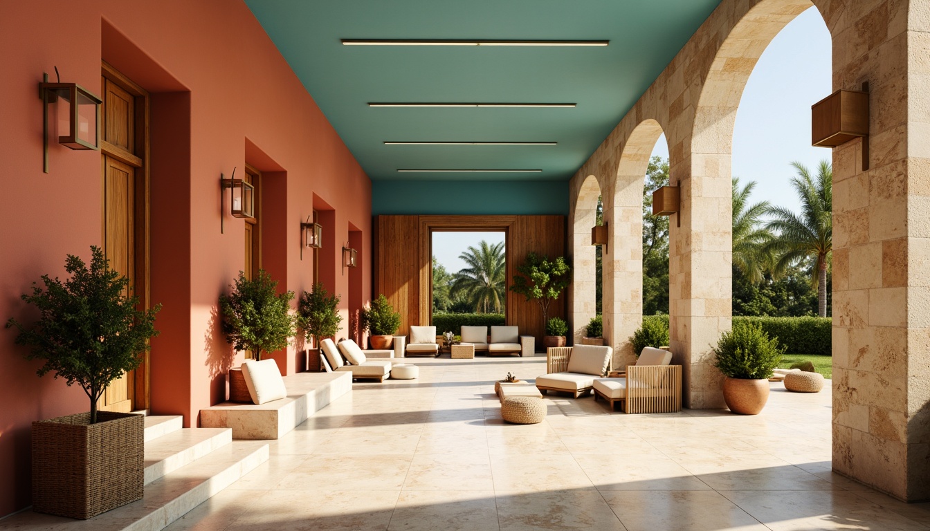 Prompt: Warm terracotta walls, creamy marble floors, soft blue ceilings, natural wood accents, earthy red tiles, vibrant turquoise highlights, sunny yellow lighting, airy openness, minimalist decor, sleek metallic fixtures, lush greenery, potted olive trees, woven wicker furniture, rustic stone columns, warm beige textures, ambient occlusion, shallow depth of field, 3/4 composition, realistic materials.