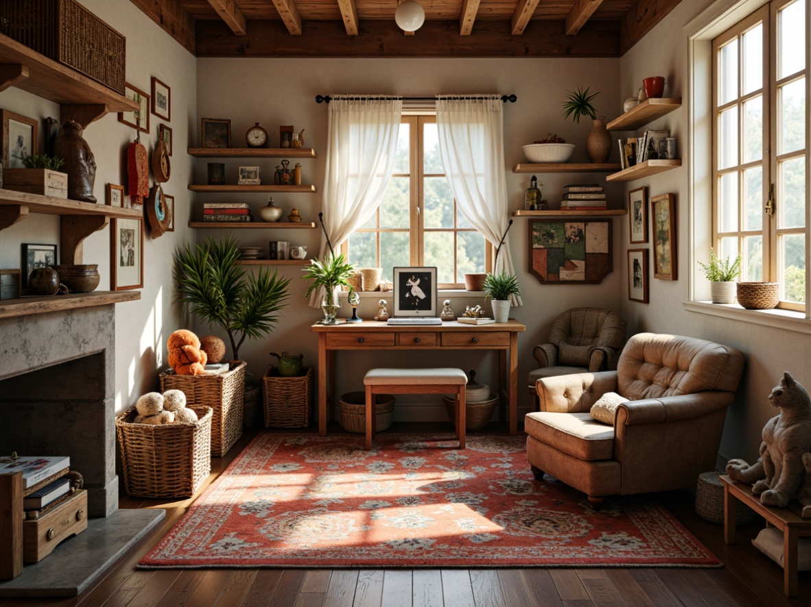 Prompt: Whimsical kids' room, distressed wood furniture, vintage decor, plush toys, colorful rug, rustic wooden desk, worn leather armchair, woven baskets, natural fiber textiles, earthy tone walls, soft warm lighting, shallow depth of field, 1/1 composition, intimate atmosphere, playful accents, scattered books, framed childhood memories.