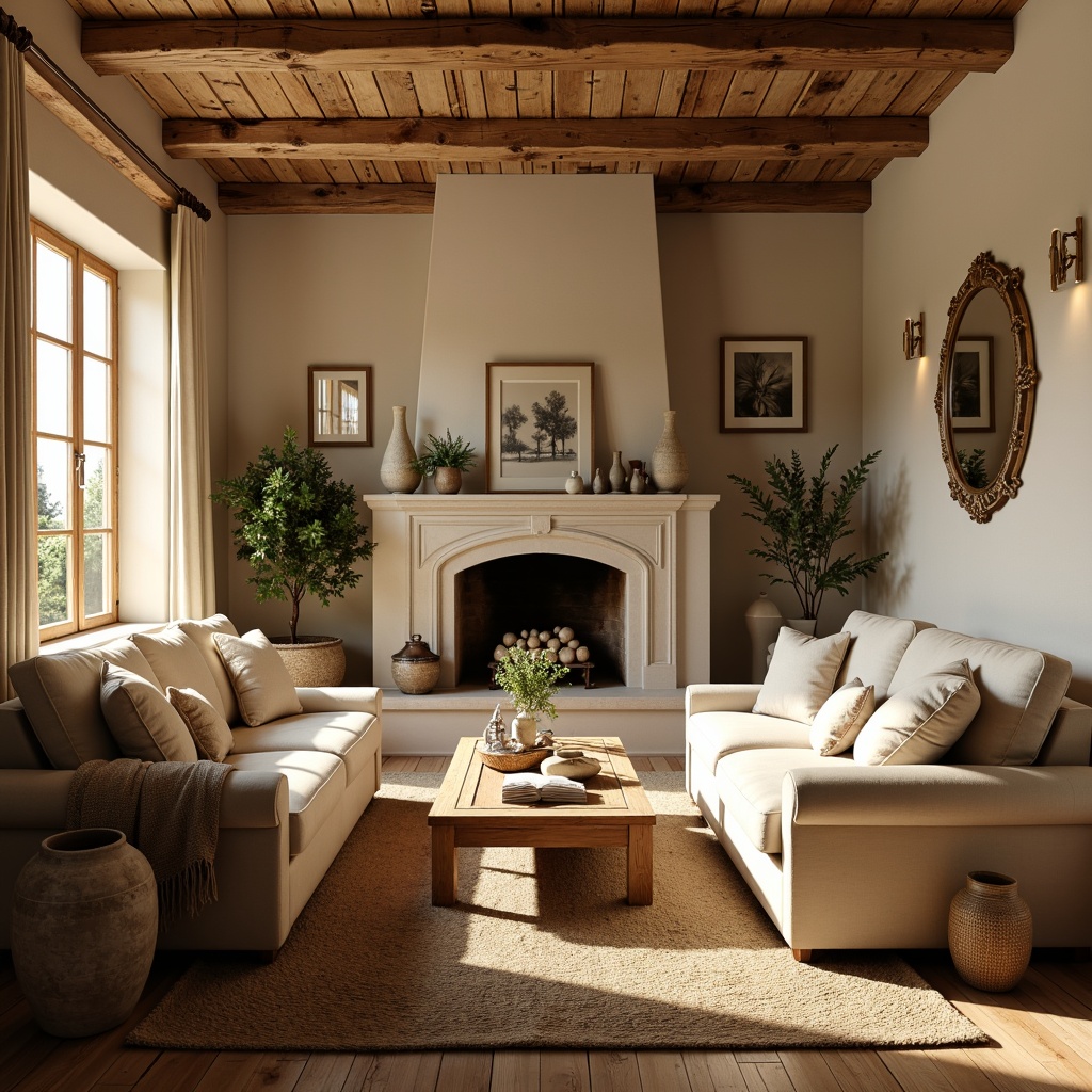 Prompt: Cozy family room, rustic French country style, warm beige walls, distressed wood furniture, soft golden lighting, plush velvet sofas, vintage linen fabrics, natural stone fireplace, woven jute rugs, earthy terracotta vases, creamy white accents, muted sage greenery, classic ornate mirrors, wooden ceiling beams, sun-kissed day, shallow depth of field, 1/2 composition, warm color harmony, realistic textures.