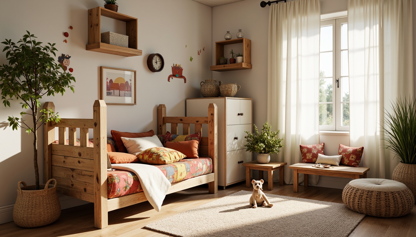 Prompt: Whimsical kids' bedroom, rustic wooden furniture, vintage-inspired decor, distressed finishes, earthy tones, plush area rugs, cozy reading nooks, playful wall decals, colorful fabric patterns, natural linen textiles, woven baskets, modern minimalist lighting, sheer white curtains, sunny afternoon light, soft warm glow, shallow depth of field, 1/1 composition, intimate close-up shots, realistic textures, ambient occlusion.