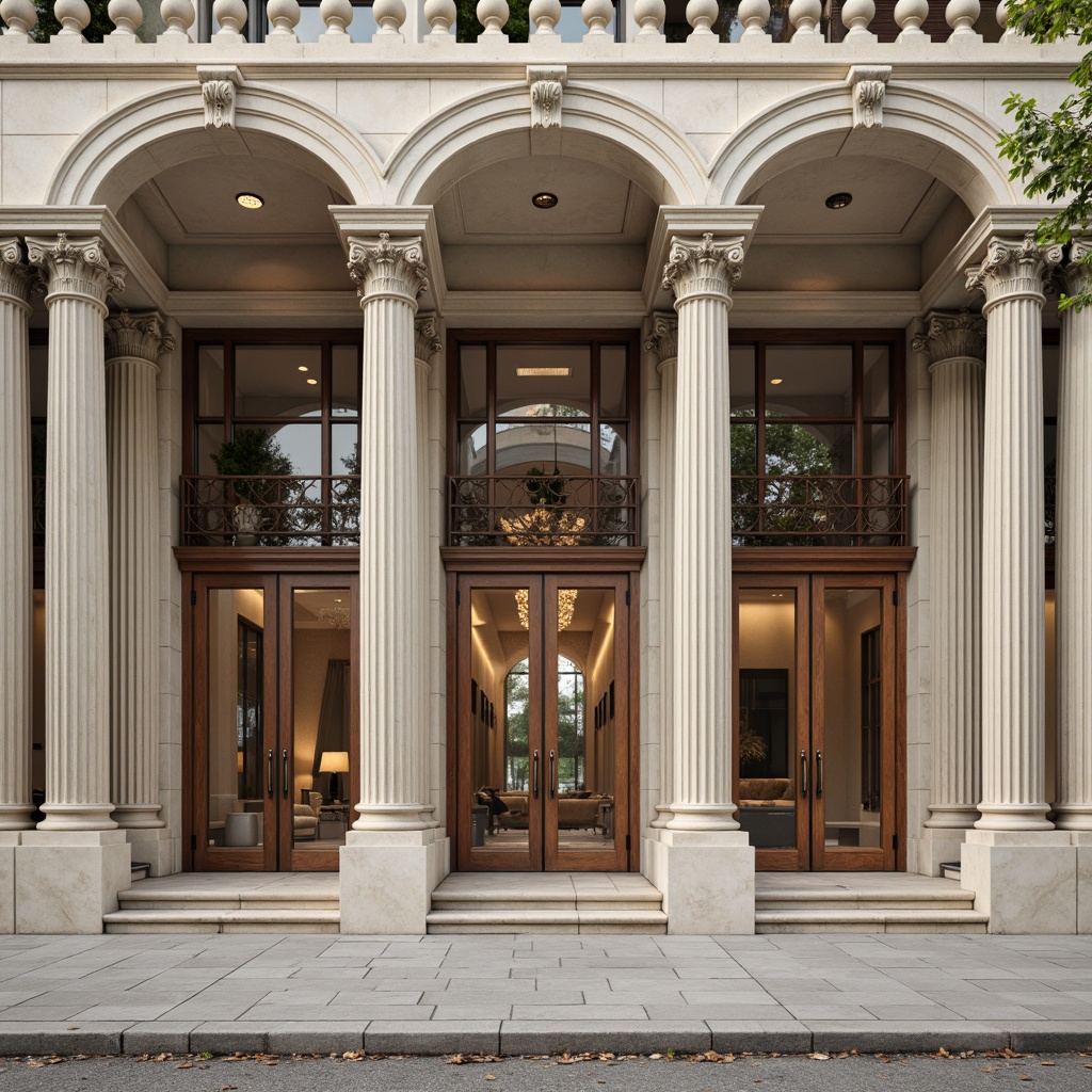 Prompt: Elegant neoclassical facade, ornate columns, carved stone details, muted earthy tones, creamy whites, soft grays, warm beige, rich gold accents, subtle cream textures, intricate moldings, grand entranceways, symmetrical composition, dramatic lighting, 1/2 shot, shallow depth of field, realistic render, ambient occlusion.