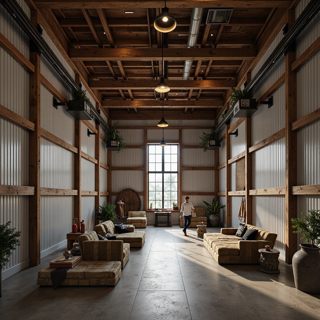 Prompt: Industrial-chic warehouse, exposed corrugated metal walls, distressed wooden beams, polished concrete floors, modern minimalist decor, sleek metal accents, urban loft atmosphere, warm ambient lighting, shallow depth of field, 3/4 composition, realistic textures, ambient occlusion.