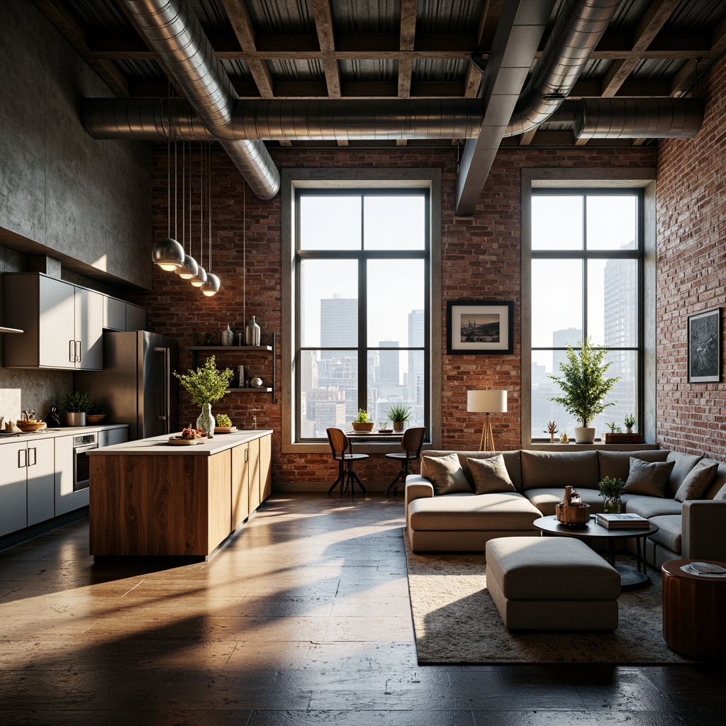 Prompt: Industrial chic apartment, exposed pipes, distressed brick walls, metal beams, reclaimed wood flooring, urban loft atmosphere, high ceilings, large windows, natural light pouring in, minimalist decor, functional furniture, Edison bulb lighting, industrial-style metal fixtures, concrete countertops, stainless steel appliances, modern kitchen amenities, open-plan living area, cozy reading nooks, vintage decorative items, urban cityscape views, dramatic shadows, high-contrast lighting, 1/2 composition, gritty textures, atmospheric mist.