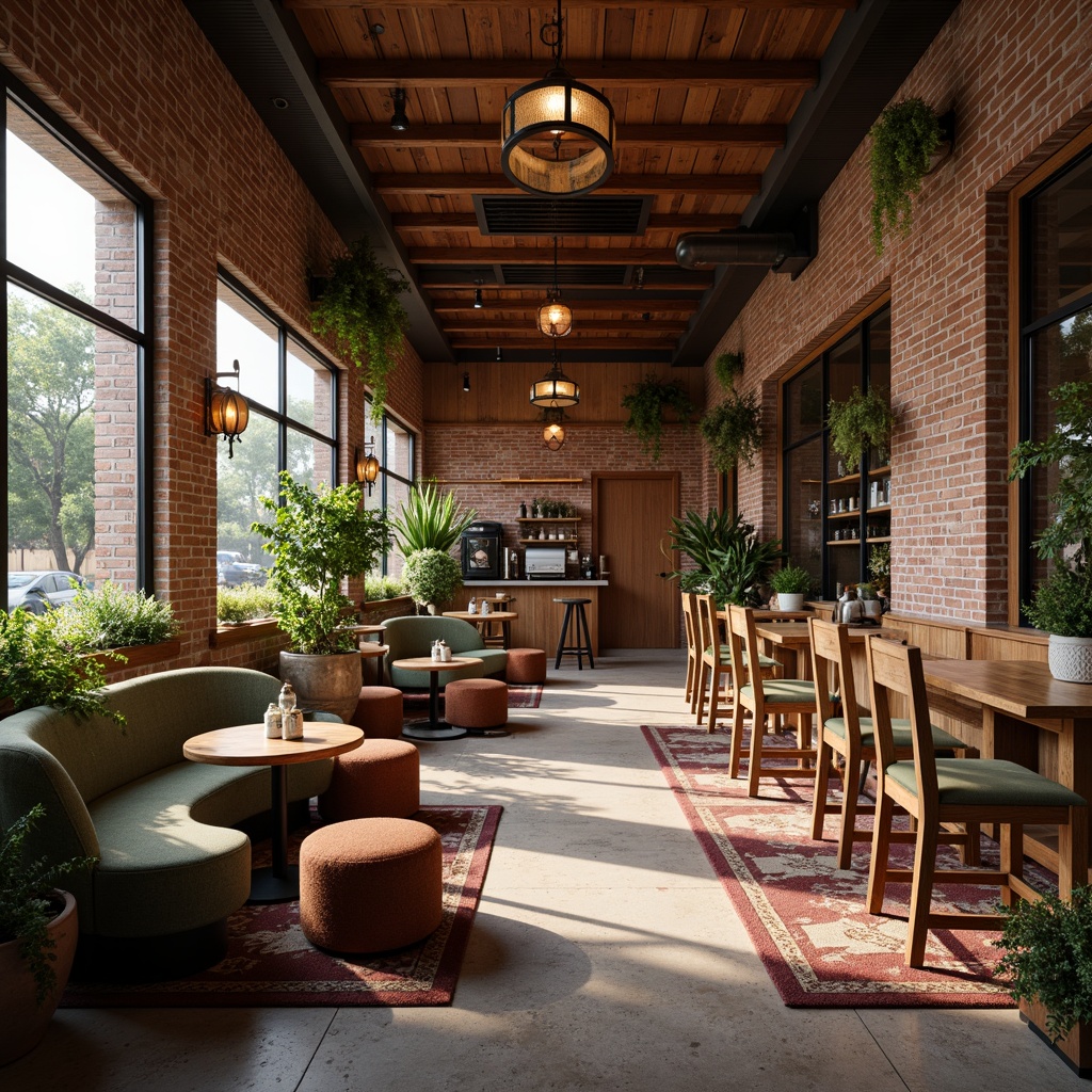 Prompt: Cozy coffee shop, warm wooden tones, comfy seating areas, rustic brick walls, reclaimed wood accents, vintage industrial lighting, earthy color palette, natural stone floors, lush greenery, modern minimalist decor, geometric patterned rugs, metallic copper details, aromatic coffee scents, soft warm ambiance, shallow depth of field, 3/4 composition, panoramic view, realistic textures, ambient occlusion.