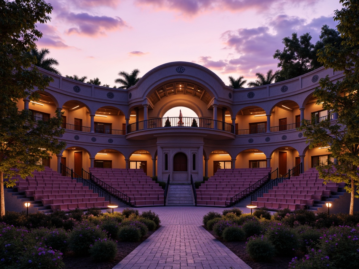 Prompt: Majestic amphitheater, mauve-hued seating, gradient sunset sky, lush greenery, ornate metal railings, dramatic arches, grand staircases, intricate stone carvings, warm ambient lighting, soft evening atmosphere, shallow depth of field, 2/3 composition, symmetrical view, realistic textures, subtle shading.